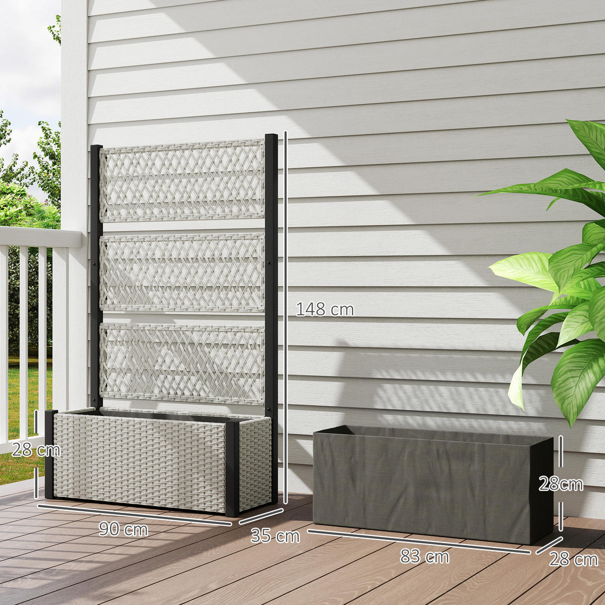 HOCHBEET mit Rankgitter in Rattan-Optik Pflanzkasten Blumenkasten mit Rankhilfe - Grau, Metall (35/148/90cm) - Outsunny