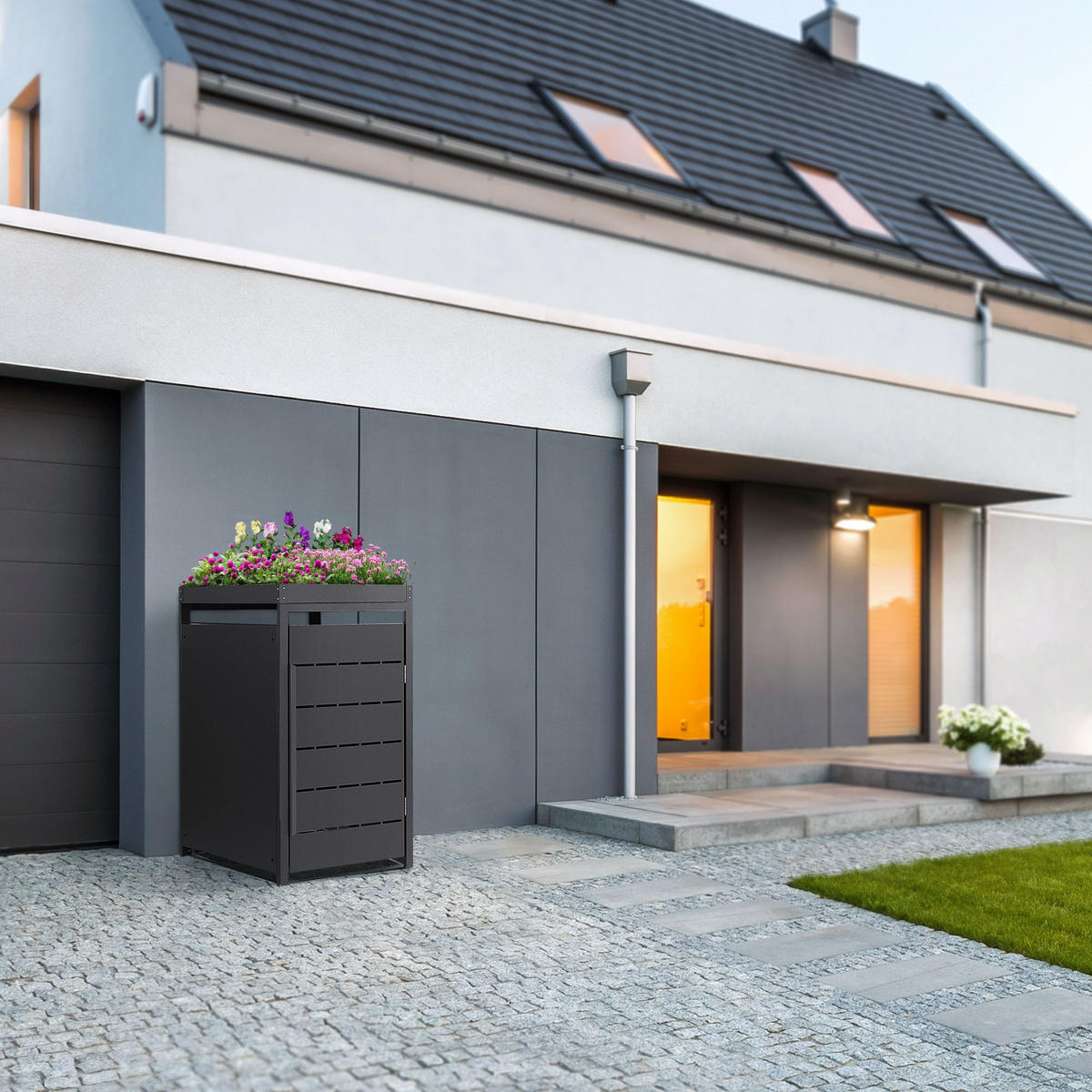 MÜLLTONNENBOX 1er mit Pflanzdach 240L 68x80x124 cm Anthrazit aus Stahl - Anthrazit, Metall (80/124/68cm) - ML-DESIGN