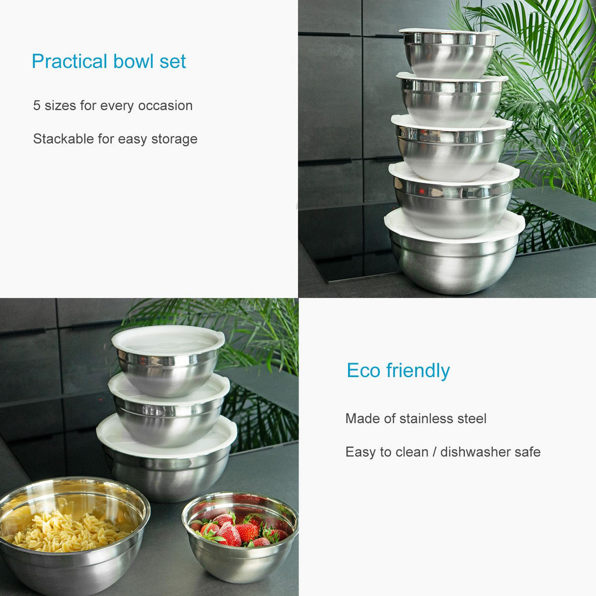 SALAT RÜHRSCHÜSSEL Set mit Deckeln in verschiedenen Größen (5-tlg.) - Silberfarben, Metall (22cm) - Intirilife
