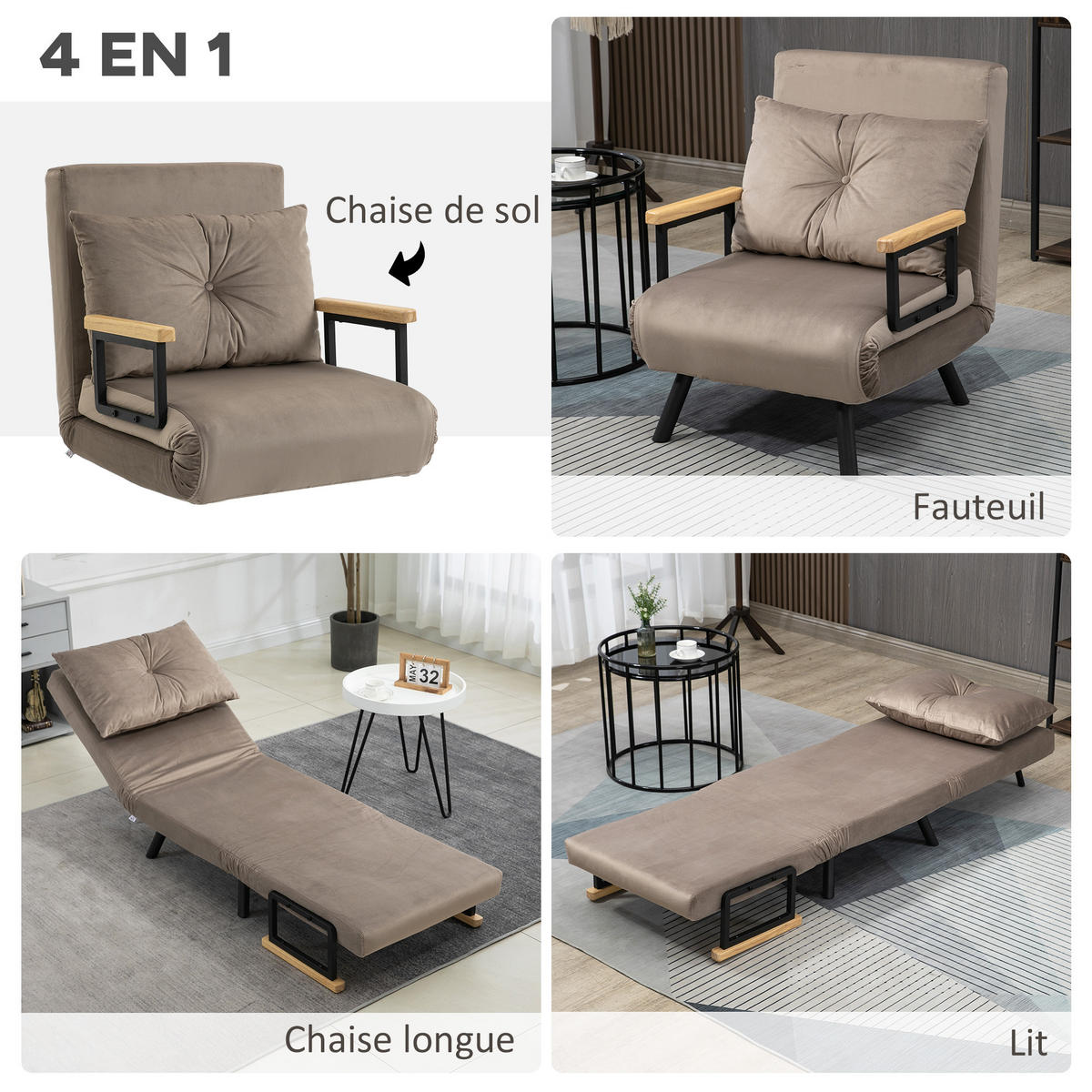 SCHLAFSESSEL 4-in-1 DE-14590 5-fach verstellbar, mit Holzarmlehnen Marron - Braun, Textil (73/81/63cm) - ComfortXL