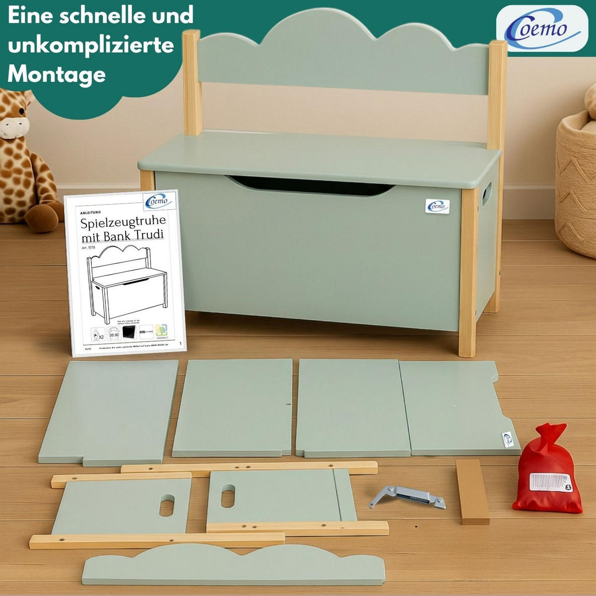 KINDERSITZBANK TRUDI Spielzeugtruhe in Mintgrün - Grün, Holzwerkstoff (26/60cm) - Coemo