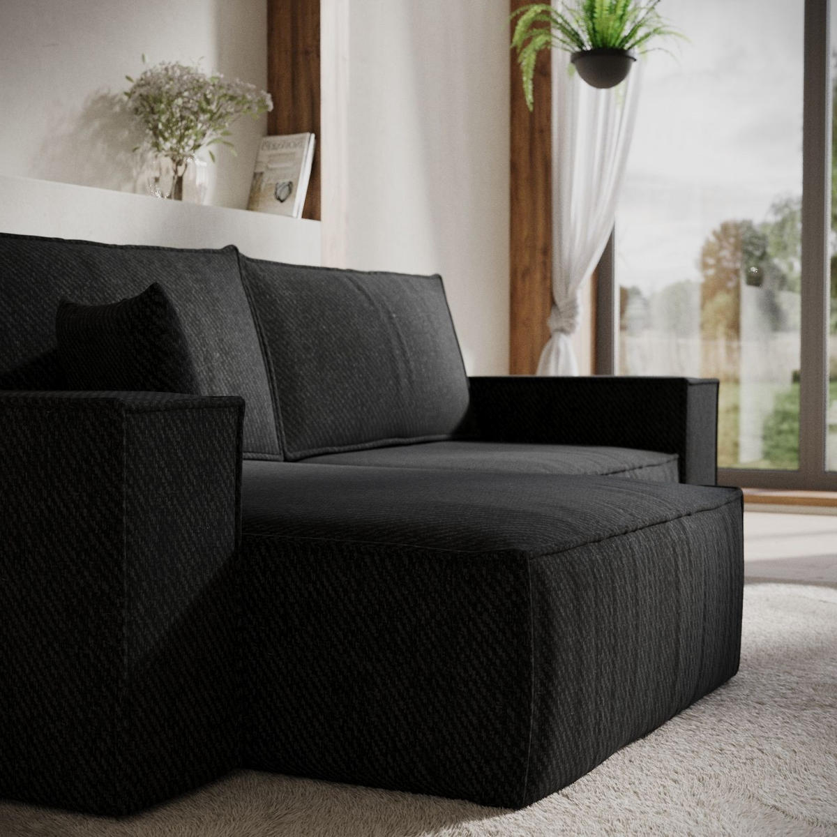 ECKSOFA CAVO mit Schlaffunktion Schwarz im Neve Stoff - Schwarz, Holz/Holzwerkstoff (255/148cm) - AltaBeds