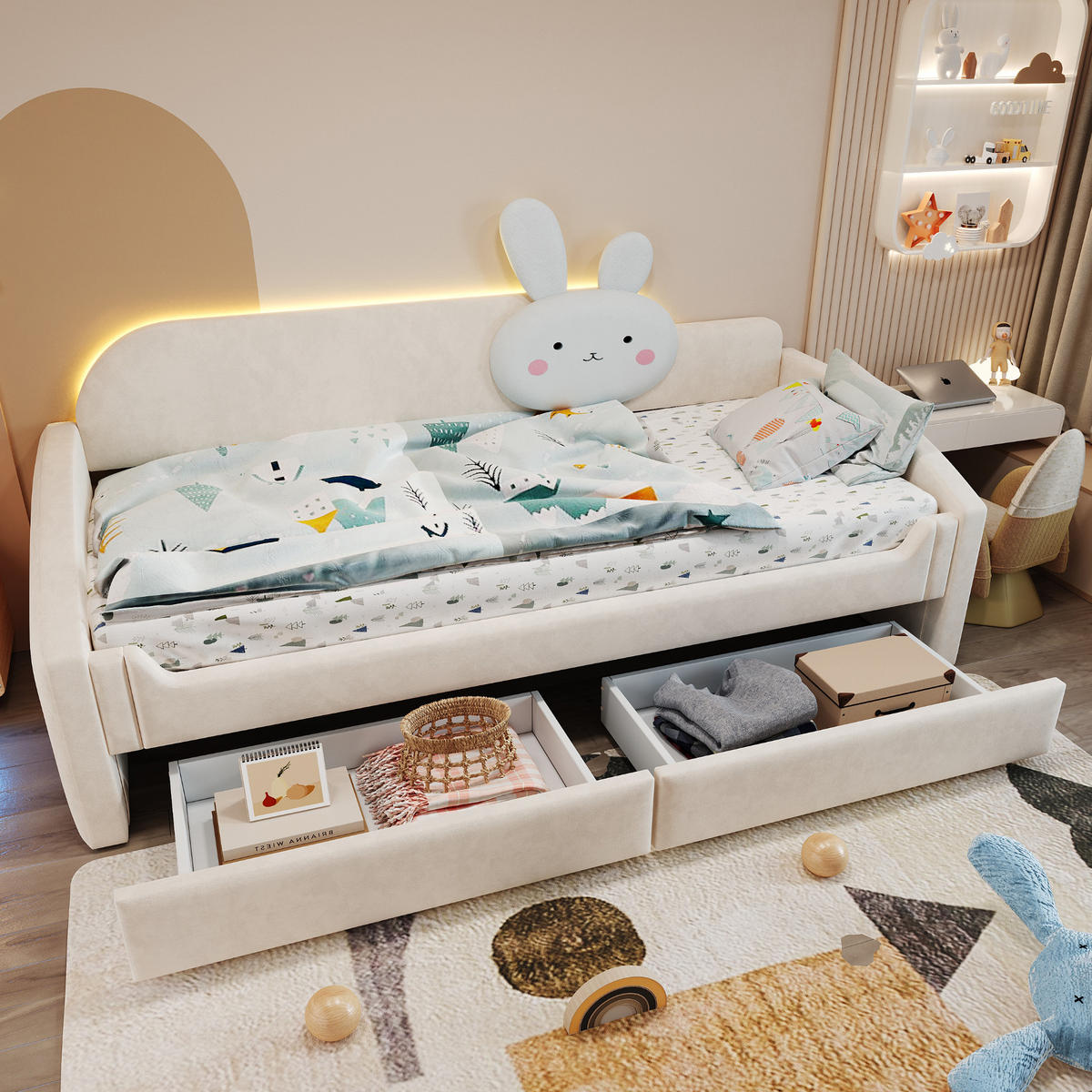KINDERBETT 90x200cm Samt LED Stauraum Hasenkissen Beige - Beige, Textil (90/200cm) - FLIEKS