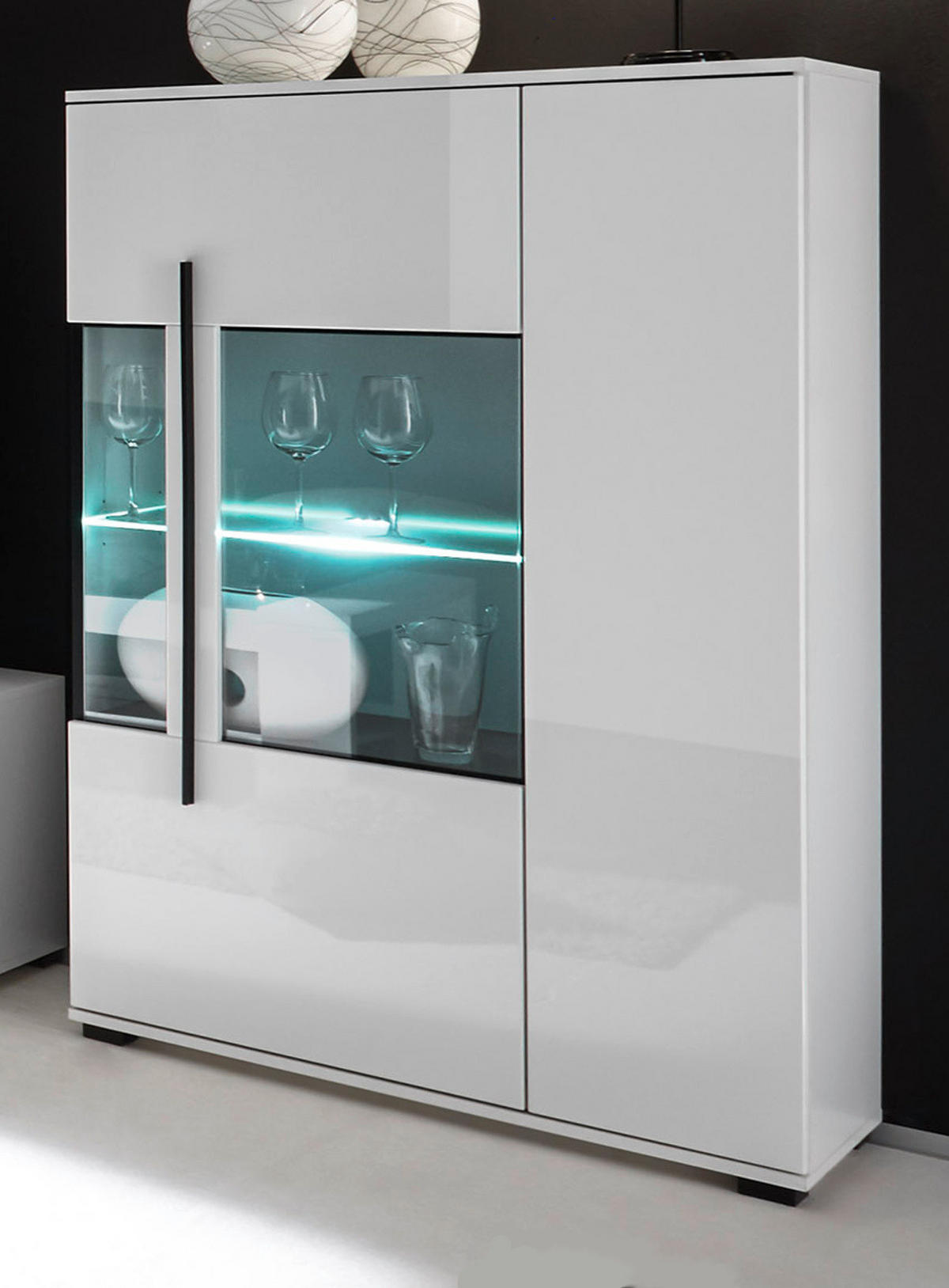 HIGHBOARD weiß Hochglanz 90 cm, Kommode mit 8 Fächern - Weiß Hochglanz/Schwarz, Glas/Holzwerkstoff (90/140/37cm) - Furn.Design