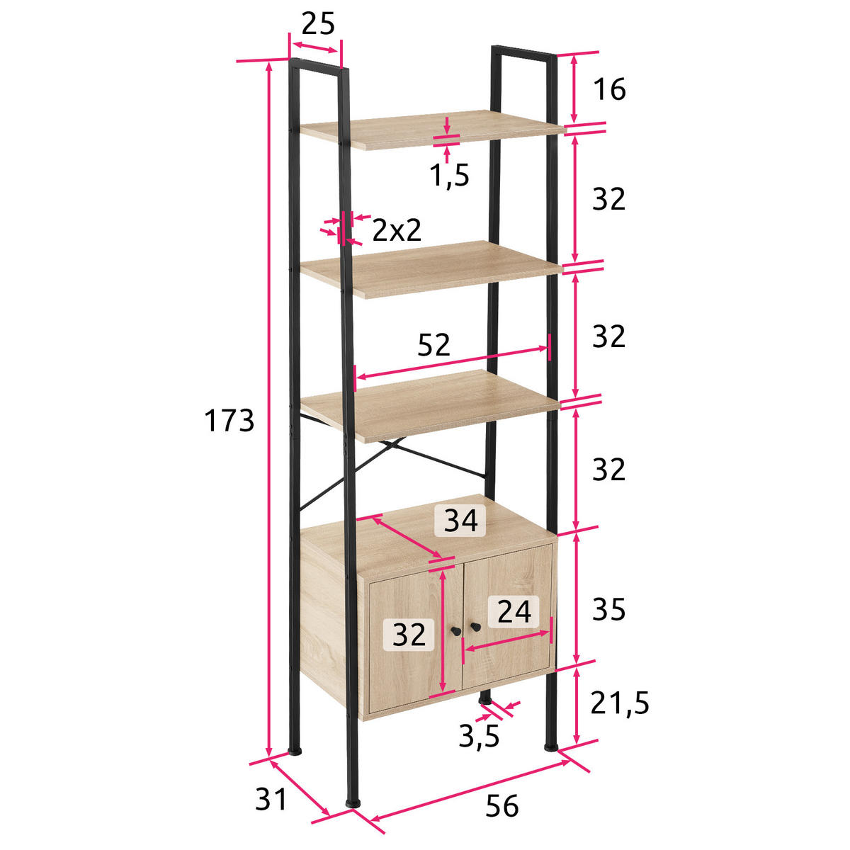 LEITERREGAL Brentwood,inklusive Kippschutz, 57,5 x 34 x 173 cm,Industrial Holz hell, Eiche Sonoma - Naturfarben, Holzwerkstoff (34/173/57.5cm) - tectake