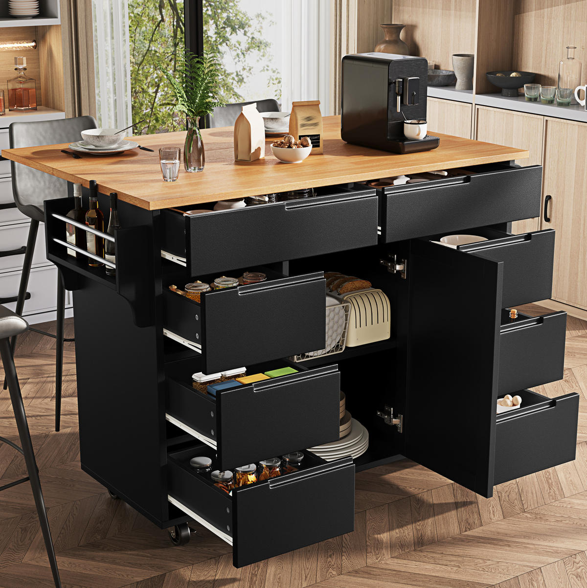 KÜCHENINSEL mit Klapptisch 122 x 74,5 x 91,5 cm Schwarz - Schwarz, Holz (74.5/91.5/122cm) - Beauniv