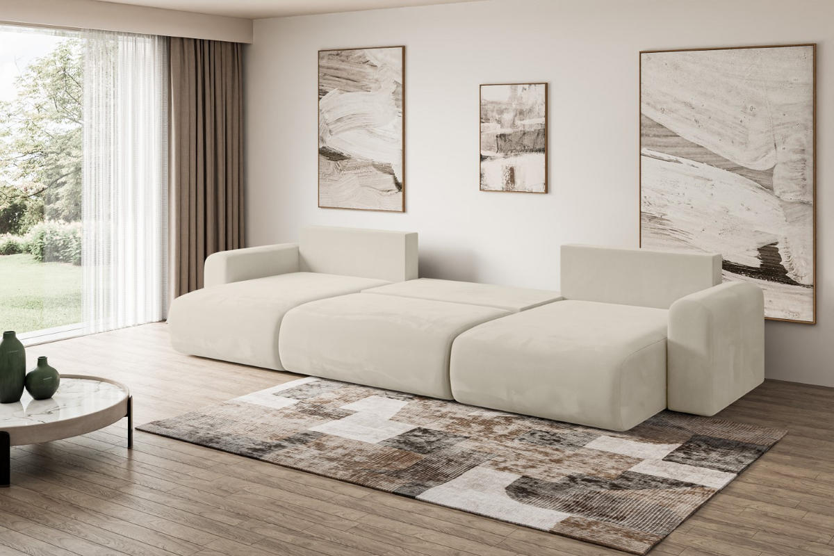 WOHNLANDSCHAFT mit Schlaffunktion und Bettkasten ORRO-U - 362x145x83 cm Beige Velours - Beige/Creme, Holzwerkstoff/Kunststoff (362/83/145cm) - ALTDECOR