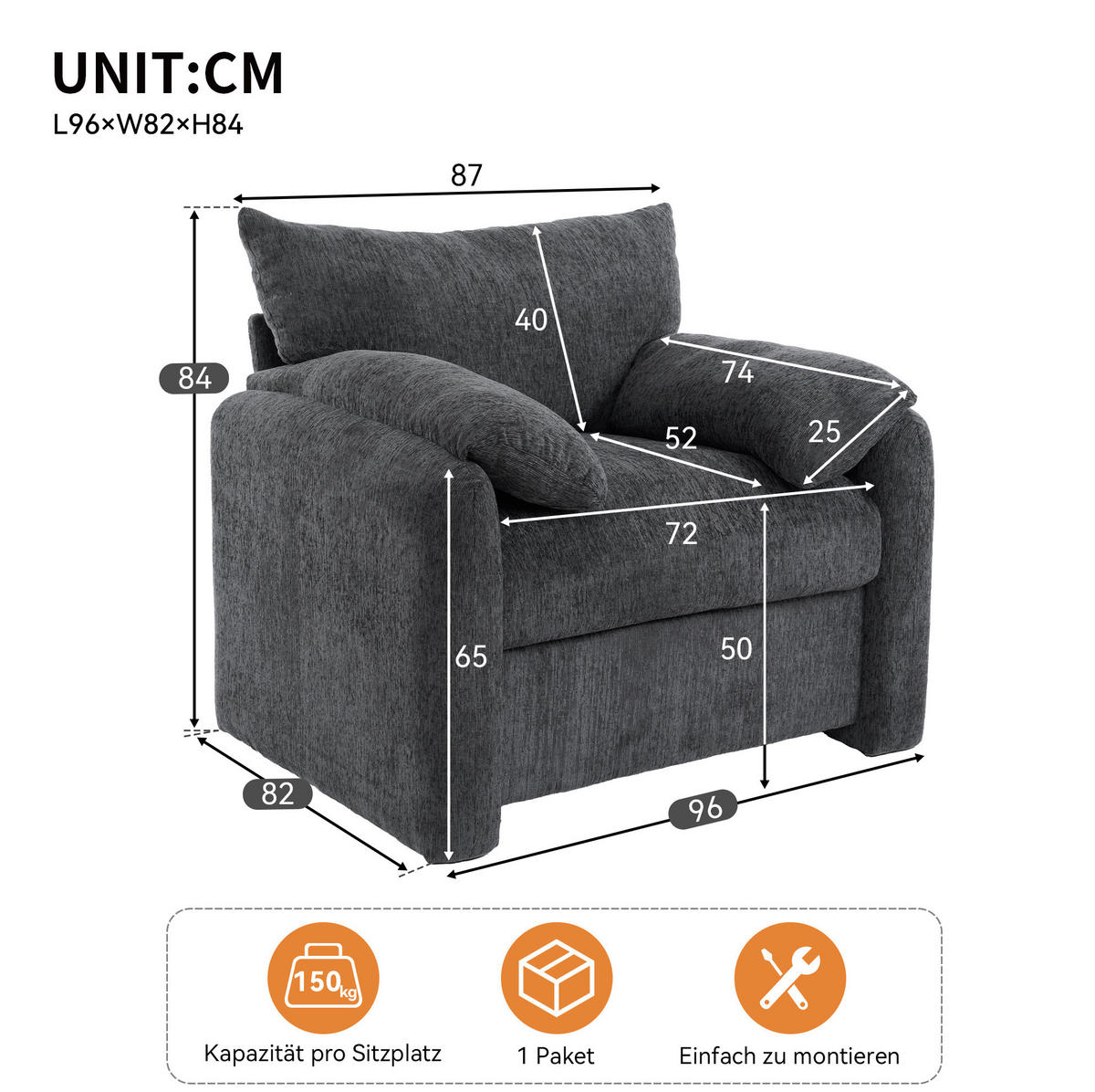 SESSEL 96/82/84 cm Grau aus Chenille - Grau, Textil (82/84/96cm) - OKMYHOME