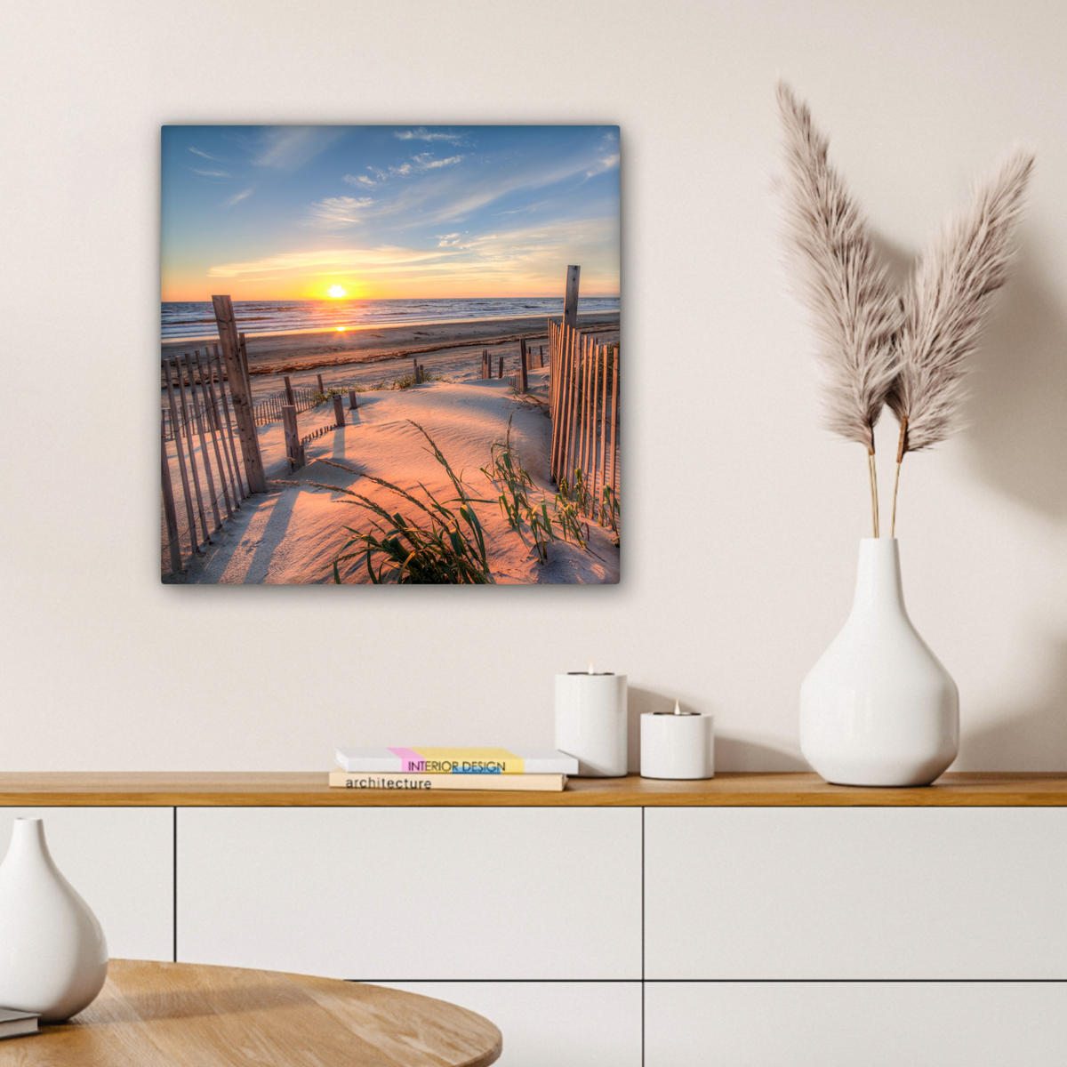 LEINWANDBILD Strand - Meer - Düne - Sonnenuntergang - Landschaft 50x50 cm - Beige, Textil (50/50cm) - MuchoWow