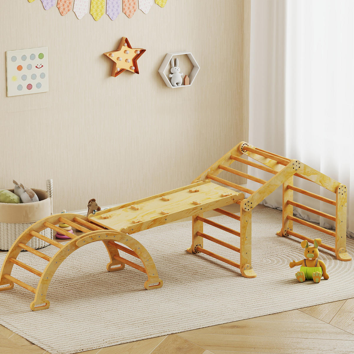 INDOOR-KLETTERGERÜST 9-in-1 Rampe Rutsche Leiter Schreibtafel - Naturfarben, Holz (52.5/48/100cm) - AIYAPLAY