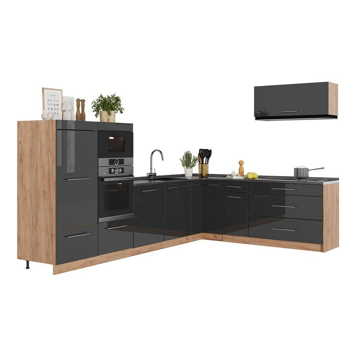 KUHINJA U OBLIKU SLOVA L Fame-Line, Antracit visokog sjaja/Hrast zlatnog tona, 327 x 227 cm, RP Hrast - hrast medunac/crna visoki sjaj, drvni materijal (327/153.6/60cm) - Vicco