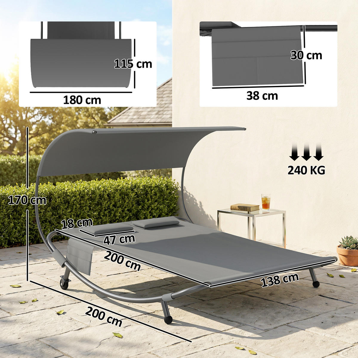 SONNENLIEGE Doppelbett mit abnehmbarem Verdeck Rollen Kissen und Aufbewahrungstaschen,200*180*170cm,Grau - Grau, Metall (180/170/200cm) - Vallsero