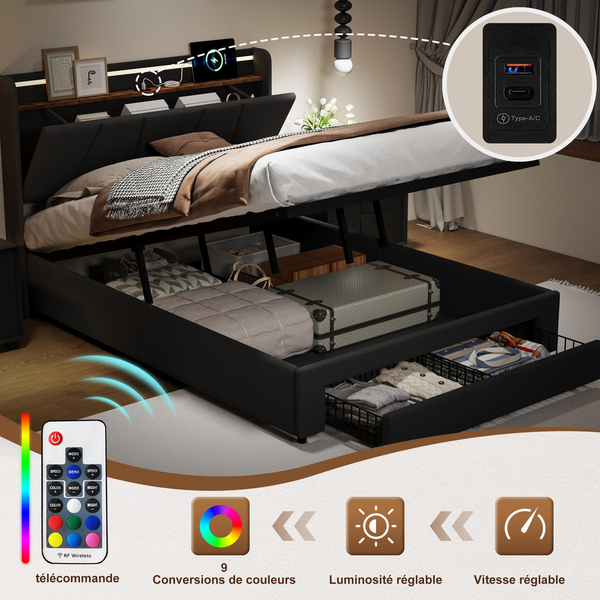 POLSTERBETT 140x200 cm LED USB Stauraum Lattenrost dunkelgrau - Grau, Holz (140/200cm) - LEBENLANG