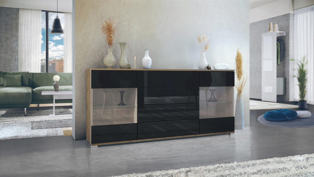 SIDEBOARD Bari Schwarz Hochglanz - Schwarz Hochglanz, Holzwerkstoff (166.5/75.5/35cm) - Vladon