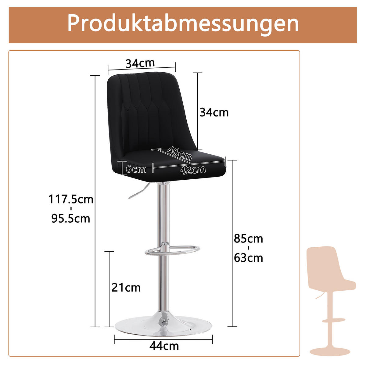 BARHOCKER 2er-Set Schwarz Höhenverstellbar & Drehbar mit PU-Leder - Schwarz, Metall (44/95.5/44cm) - PANGIVO