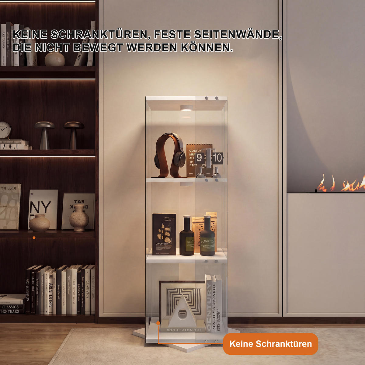 GLASVITRINE mit 3 Einlegeböden, 360-Grad-Drehbasis, Berührungs-LED, in Weiß - Weiß, Glas (38/121/38cm) - BRILVERDE