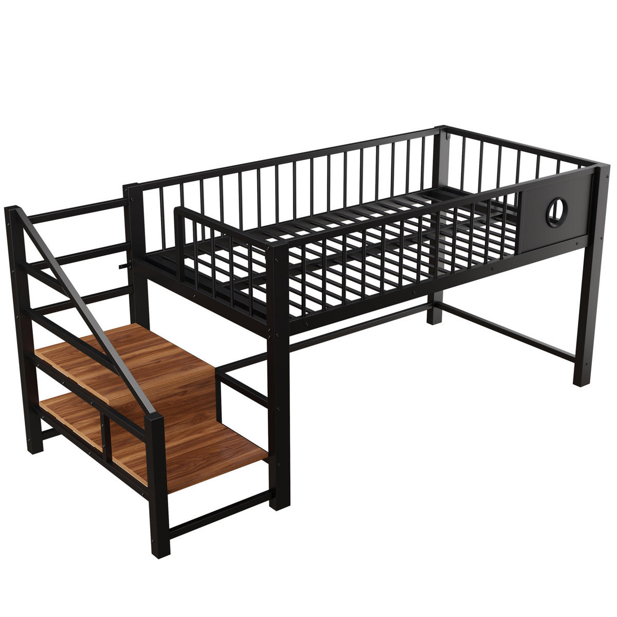 KINDERHOCHBETT 90/200 cm Schwarz aus Metall mit Stauraumleiter ohne Matratze - Schwarz, Metall (90/200cm) - MIVRAY