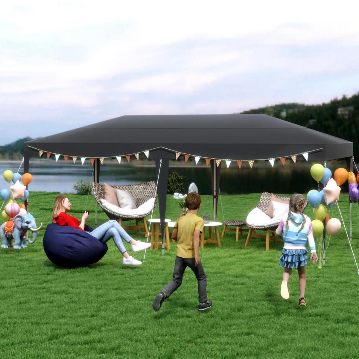FALTPAVILLON 3x6m Wasserdicht Sonnenschutz Schwarz - Schwarz, Textil (300/265/600cm)