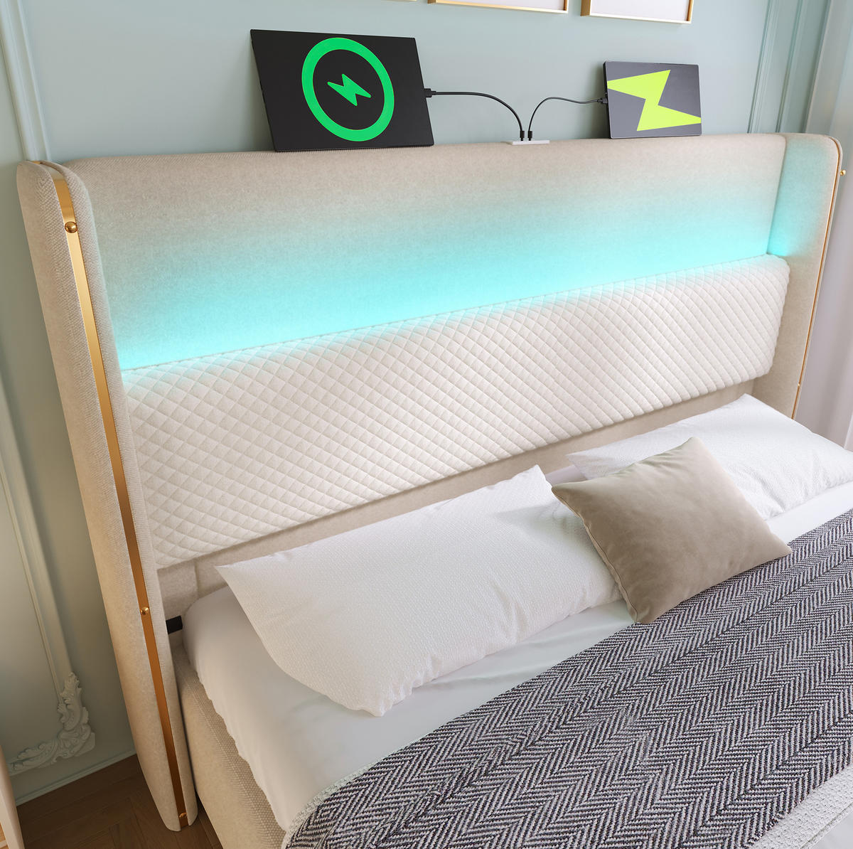 POLSTERBETT 160/200 cm Beige aus Leinen mit LED-Beleuchtung und Stauraum - Beige, Textil (160/200cm) - OKMYHOME