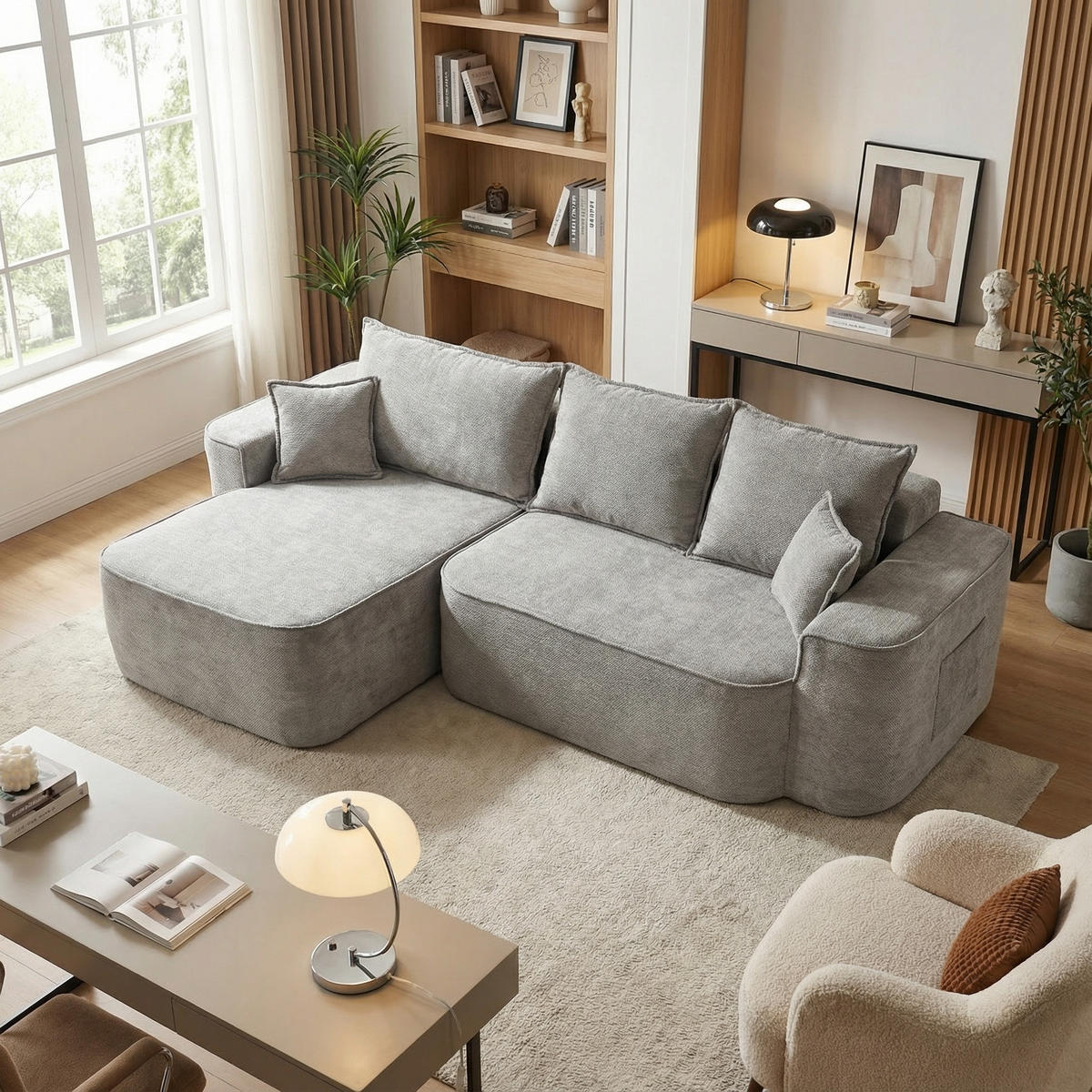 ECKSOFA Modulares L-Form in Chenille Montagefrei - Hellgrau, Textil (262/144cm) - Urban Meuble