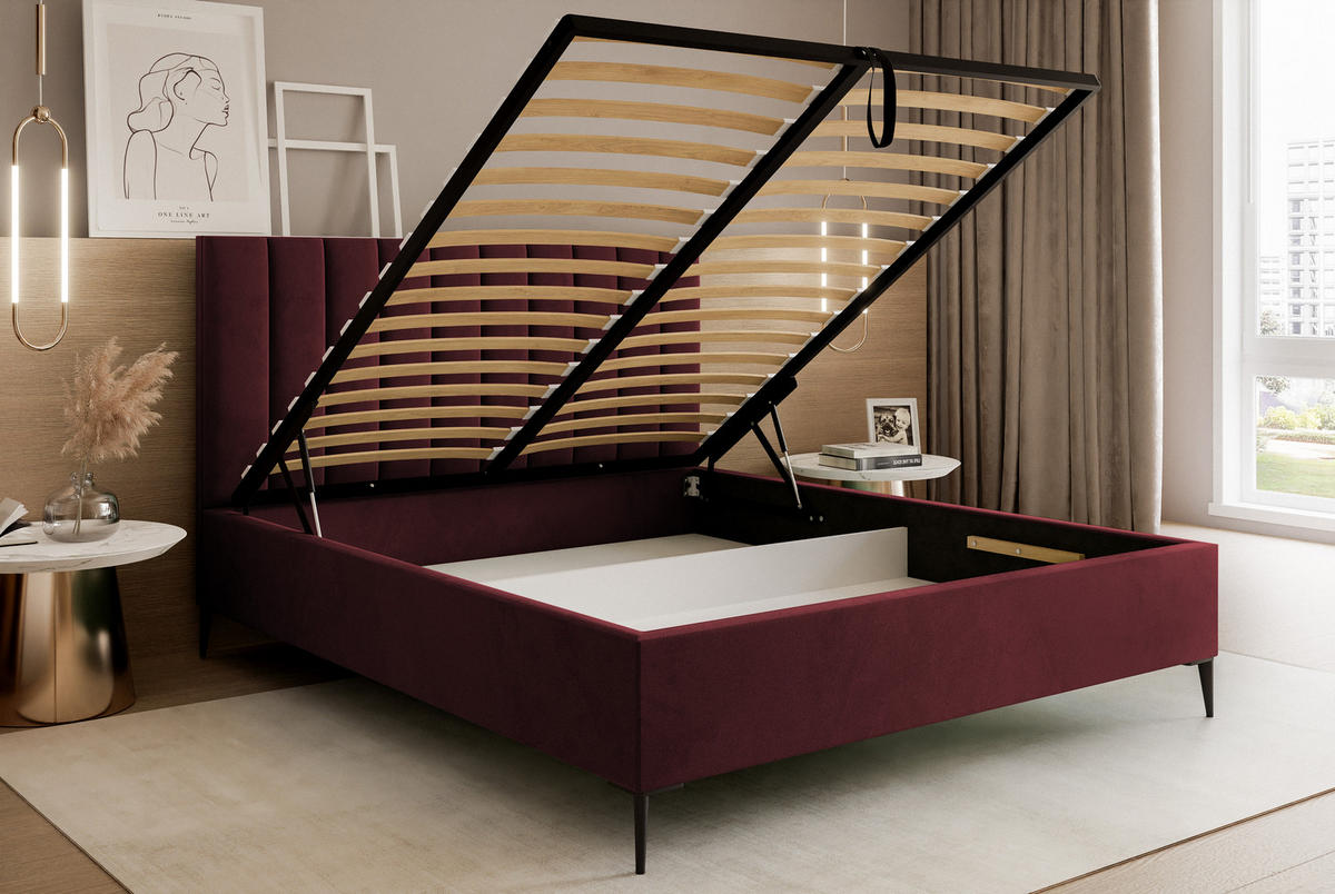 POLSTERBETT Mona SLIM III Polsterbett für Ihr Schlafzimmer in VELUTTO Stoff - 160x200 cm Burgund - Schwarz/Dunkelrot, Holz/Holzwerkstoff (160/200cm) - DomoHome