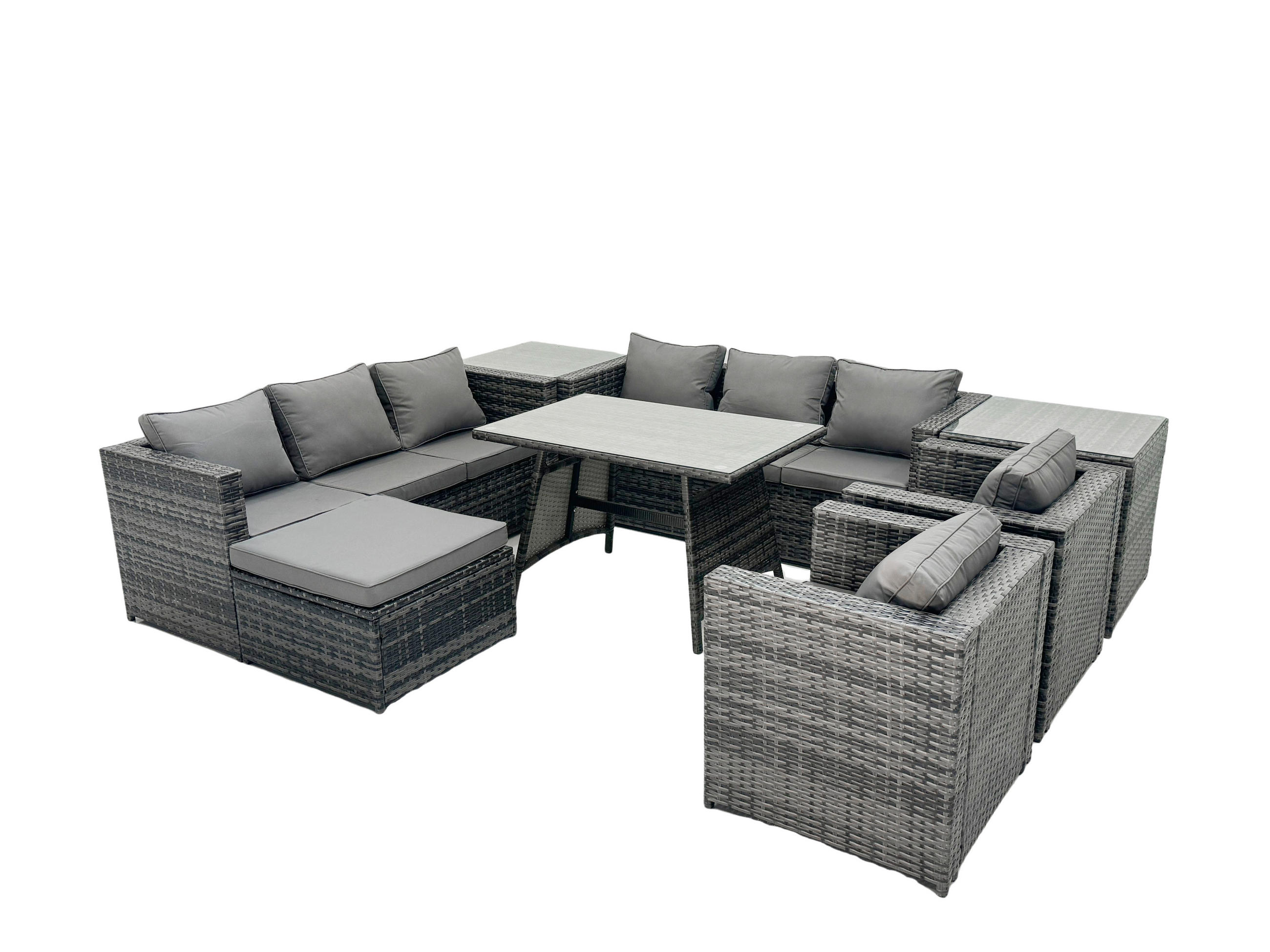 GARTENMÖBELSET mit Hocker,Beistelltisch 9-Sitzer Grau - Dunkelgrau/Grau, Glas/Kunststoff - Fimous