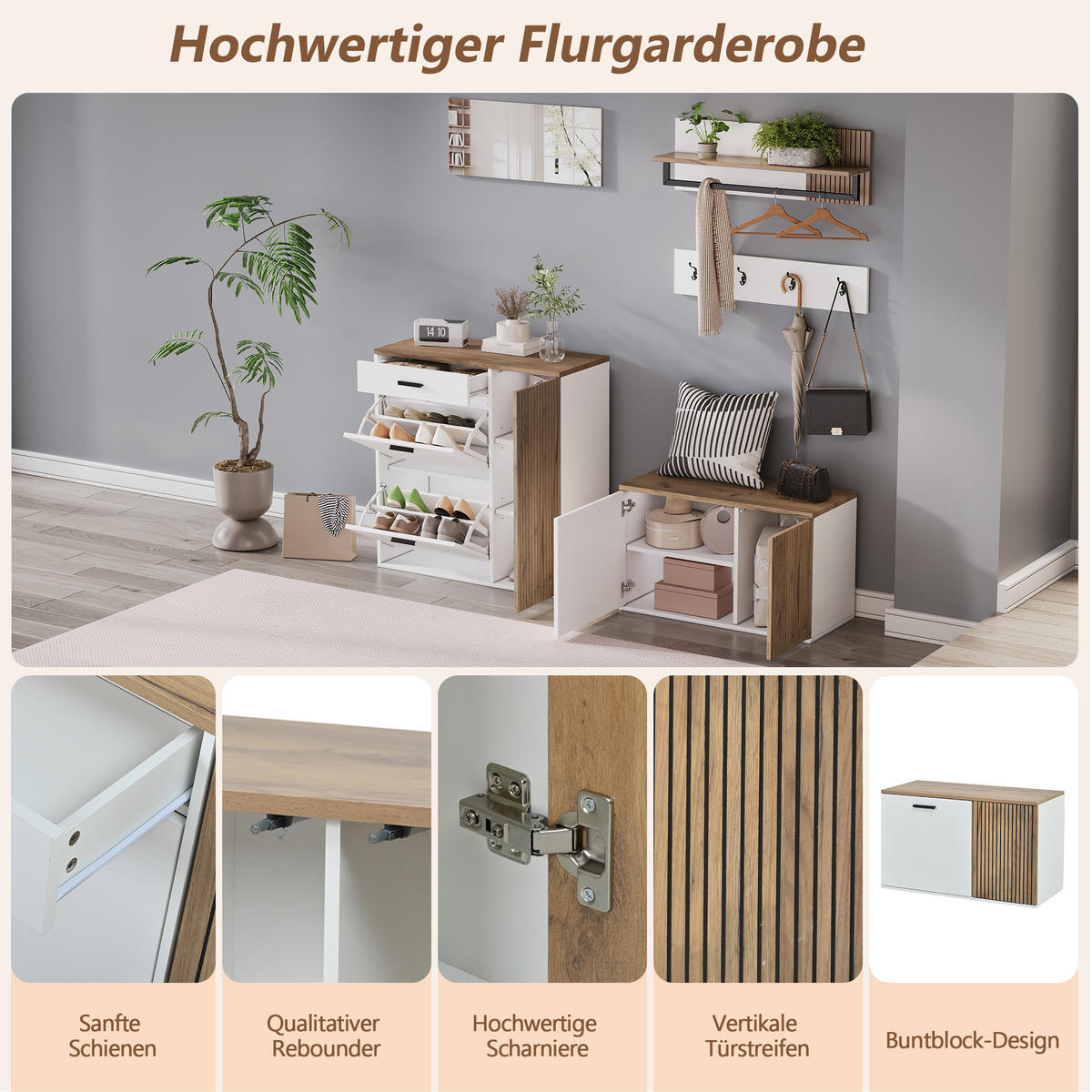 GARDEROBE-SET 5-teilig Schuhschrank Schuhbank Spiegel Haken - Multicolor, Holzwerkstoff (85/85/36cm) - FLIEKS