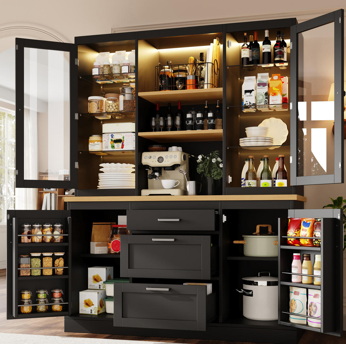 KÜCHENSCHRANK mit LED-Beleuchtung 140 x 40 x 185 cm MDF Schwarz - Schwarz, Holzwerkstoff (40/185/140cm) - Meubliv