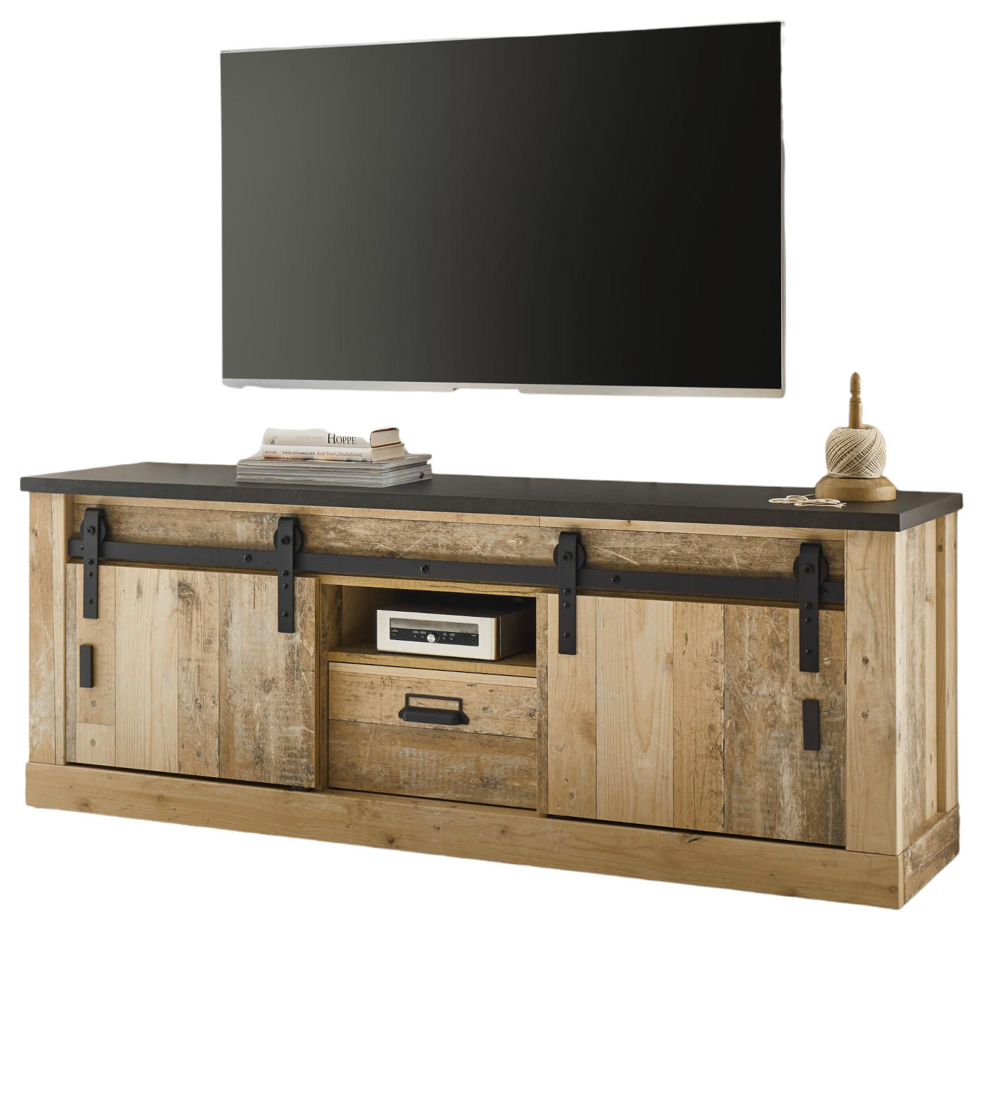 TV-LOWBOARD Used Wood hell, anthrazit 162 x 61 cm, TV Unterteil in Komforthöhe - Anthrazit/Schwarz, Holzwerkstoff/Metall (162/61/43cm) - Furn.Design
