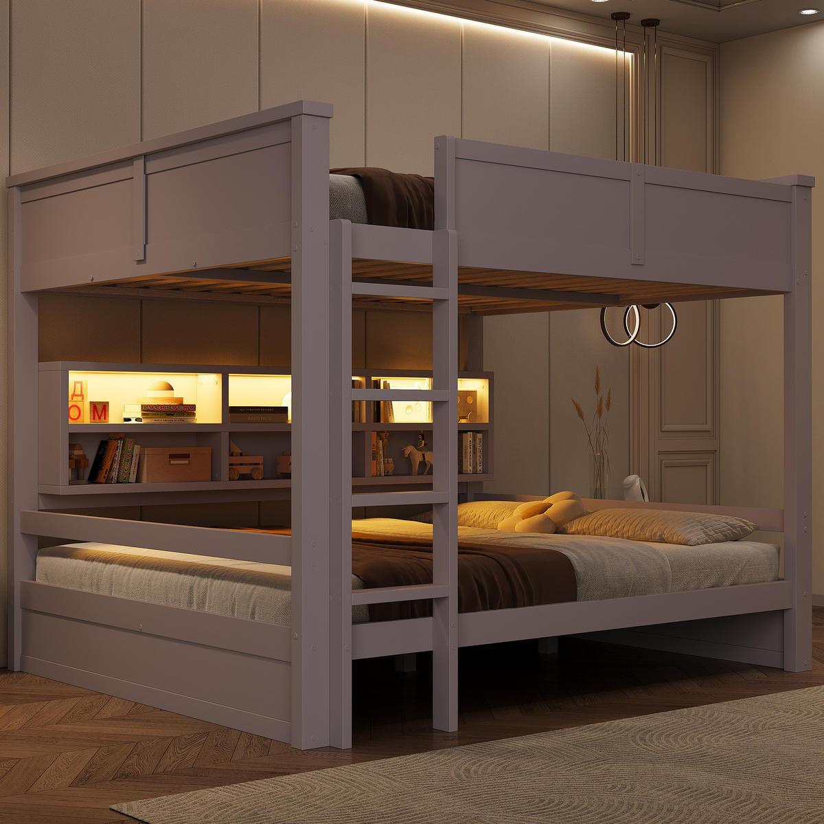 ETAGENBETT 160/200 cm aus Kiefer und MDF mit 6 Stauraumschränken und LED-Beleuchtung Braun - Braun, Holzwerkstoff (160/200cm) - Modenvie