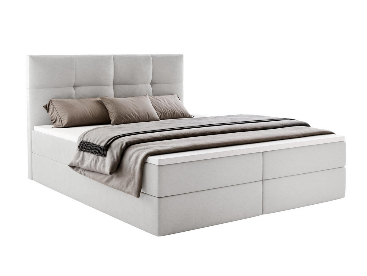 BOXBETT MORENO mit Bettkasten 140x200 cm inkl. Bonell-Federkernmatratze H3 und Topper – Polsterbett Stoff ASTI Hellgrau - Hellgrau, Textil (140/200cm) - Luxkor24