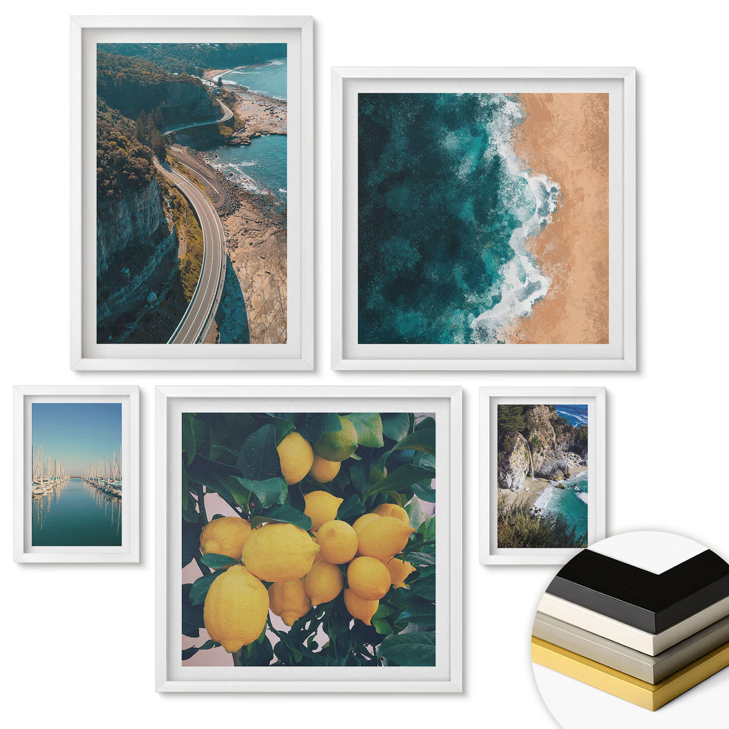 WANDBILDER 5er-Set - 50x50 cm & 20x30 cm & 40x60 cm Weißer Rahmen - Straßen am Meer, ein Meer aus Zitronen - Weiß, Kunststoff (40/60cm) - ArtPrintCave
