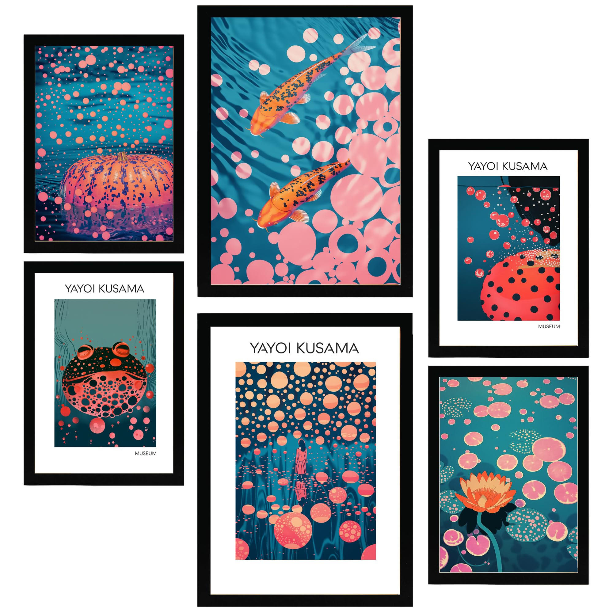 POSTER Set Mit 6 Yayoi Kusama Japanischer Kürbisfisch A3 & A4 Schwarzer Rahmen - Schwarz, Papier (29/3cm) - Nacnic