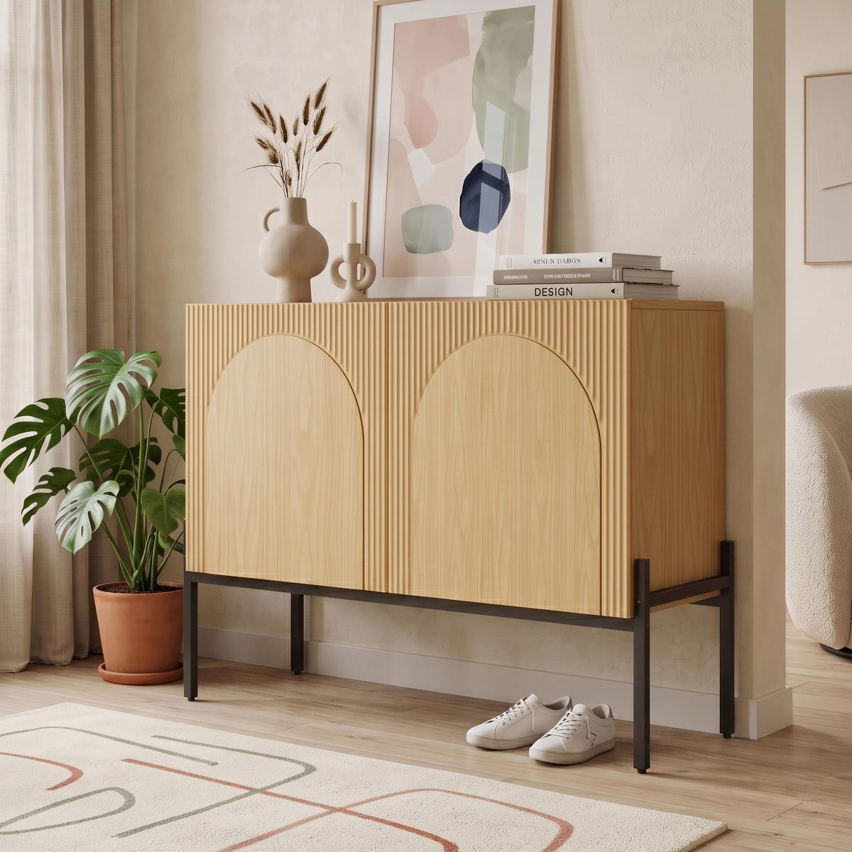 BUFLET 100cm cu Bogendesign, 2 Türen, Metallbeine - culoare naturală, compozit lemnos (100/75/40cm) - Urban Meuble