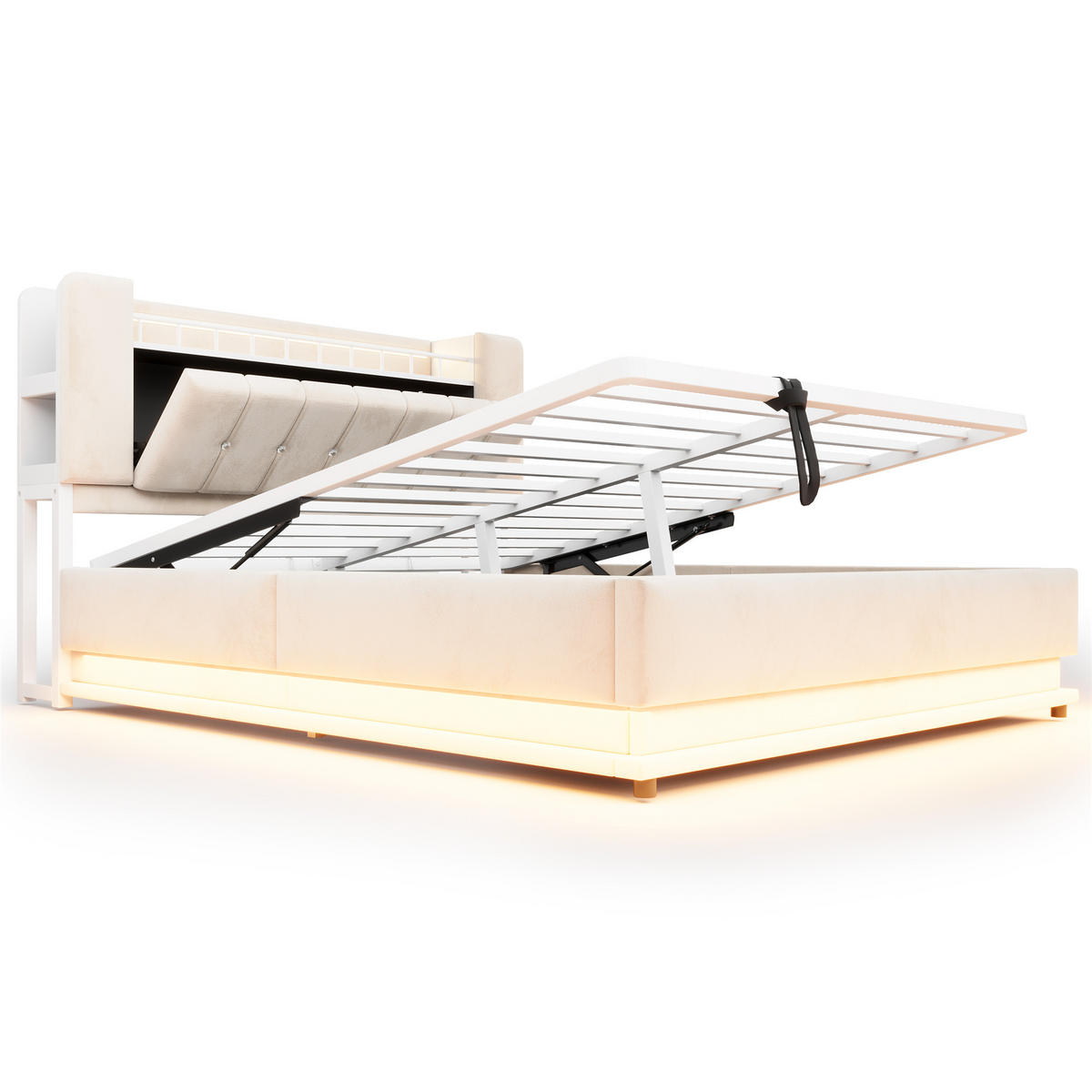 POLSTERBETT 160/200 mit Bettkasten, LED und USB in Beige - Beige, Holzwerkstoff/Textil (160/200cm) - EVRYAE