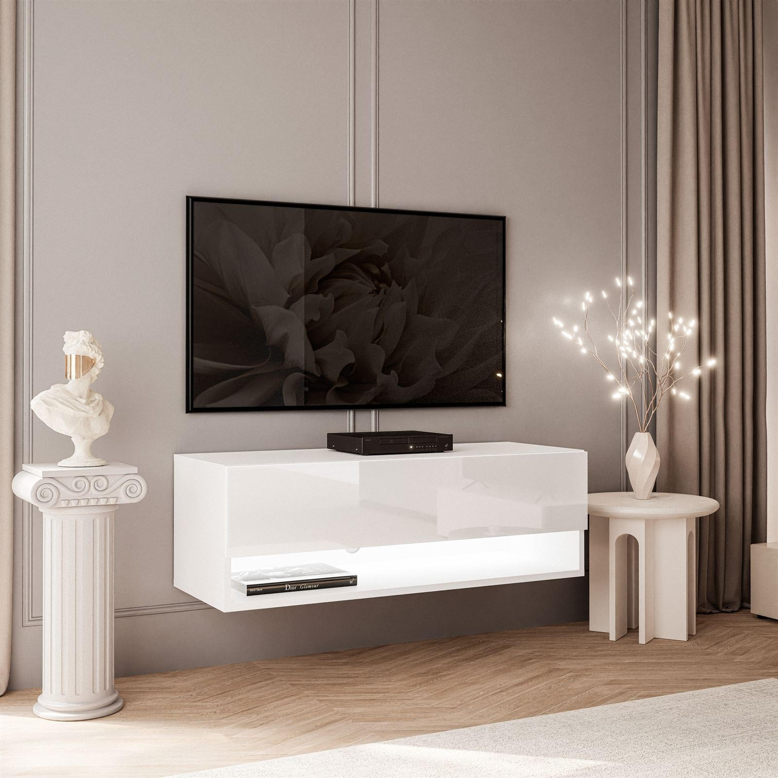 HÄNGESCHRANK TV-Möbel CALANTE 90 cm mit LED-Beleuchtung - Weiß Hochglanz, Holzwerkstoff (90/30/35cm) - Lookway