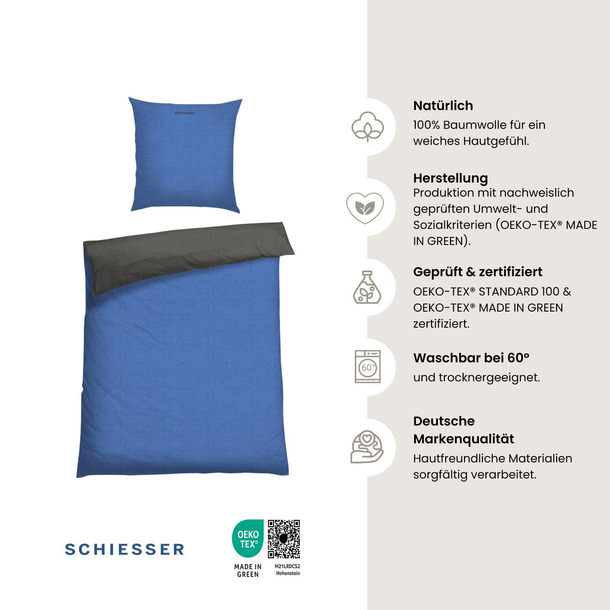 BETTWÄSCHESET Doubleface - Renforcé - 2-teilig - 155 x 220 cm - Blau-Dunkelgrau - Blau/Dunkelgrau, Textil (155/220cm) - SCHIESSER