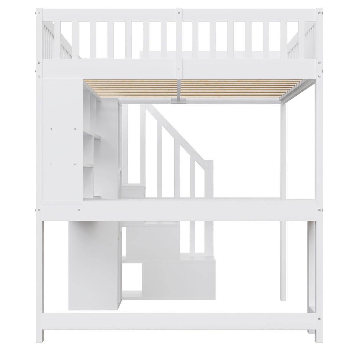 HOCHBETT aus Kiefernholz 140x200 cm Weiß mit LED-Beleuchtung, Stauraumtreppe und Schreibtisch - Weiß, Holzwerkstoff (140/200cm) - IVMEU