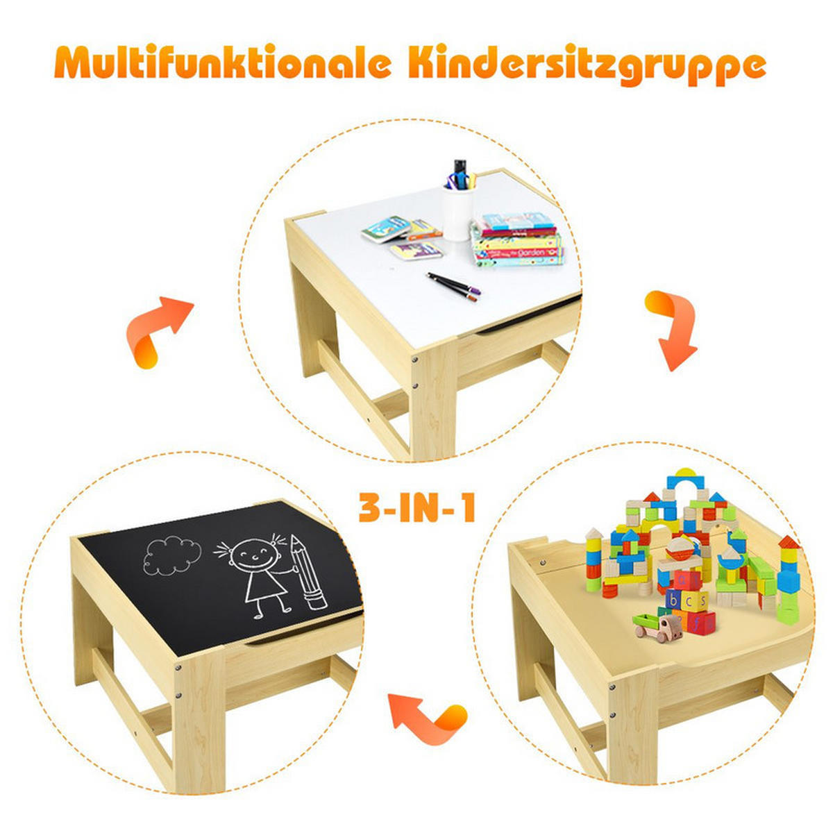KINDERSITZ‑SET mit Stuhl natur(3-tlg) - Naturfarben, Holzwerkstoff (62/48/62cm) - COSTWAY