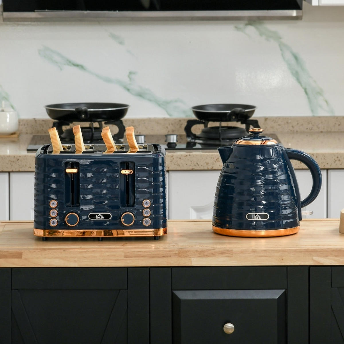 WASSERKOCHER 2-tlg Frühstücksset Wasserkocher Toaster Blau 1,7L Strix-Thermostat 4-Scheiben - Blau, Kunststoff (19.5/23.2/24.1cm) - Raelunyi
