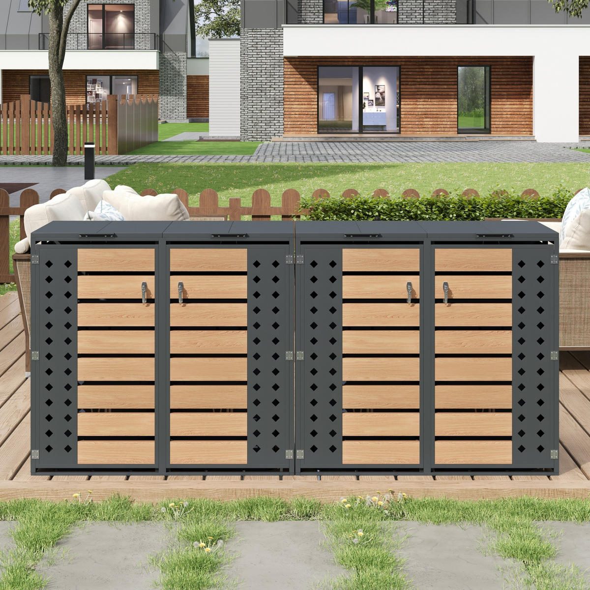 MÜLLTONNENBOX 4 Türen abschließbar Klappdeckel Stauraum - Multicolor, Metall (160/236/264cm) - FLIEKS