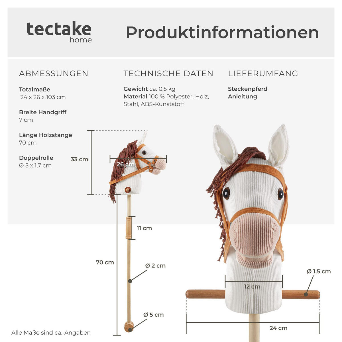 STECKENPFERD , Gesamtlänge 103 cm, weiß - Weiß, Textil (24/26cm) - tectake