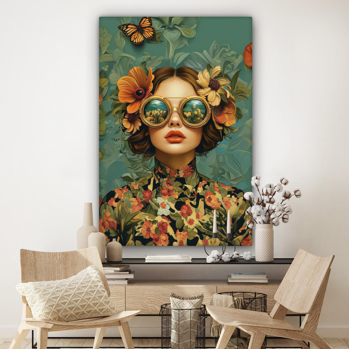 LEINWANDBILD Frau - Blumen - Schmetterlinge - Natur - Vintage Deko Groß 90x140 cm - Salbeigrün, Textil (90/140cm) - MuchoWow