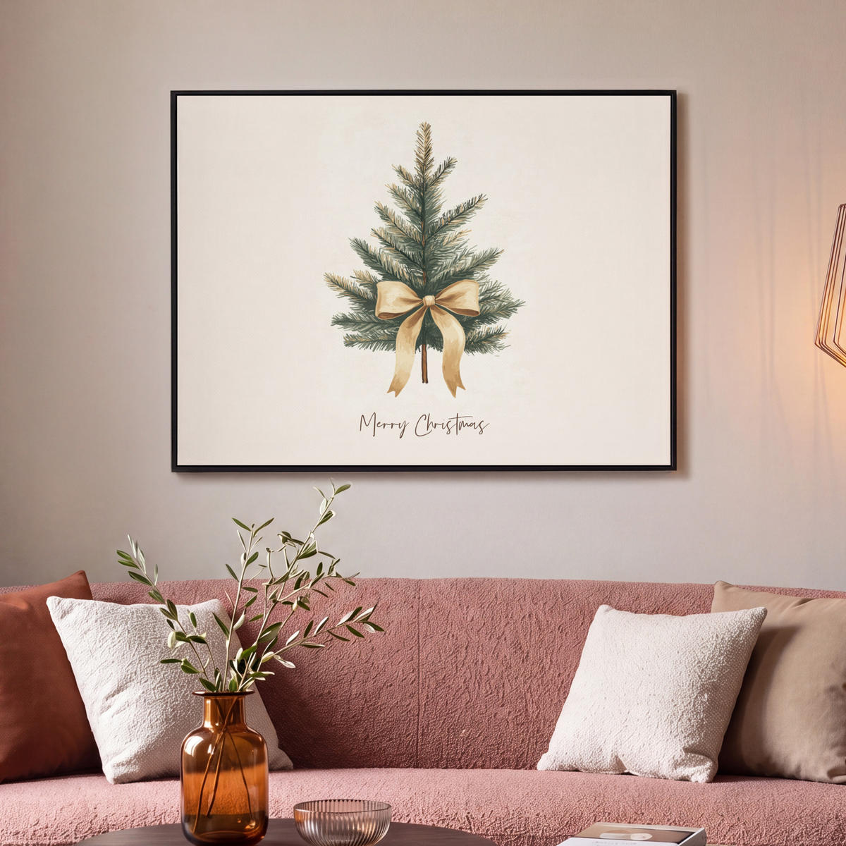 LEINWAND Bilder mit Rahmen - Weihnachtsbaum - Weihnachten - Frohe Weihnachten - Beige - 100x70 - Sandfarben, Textil (100/70cm) - MuchoWow