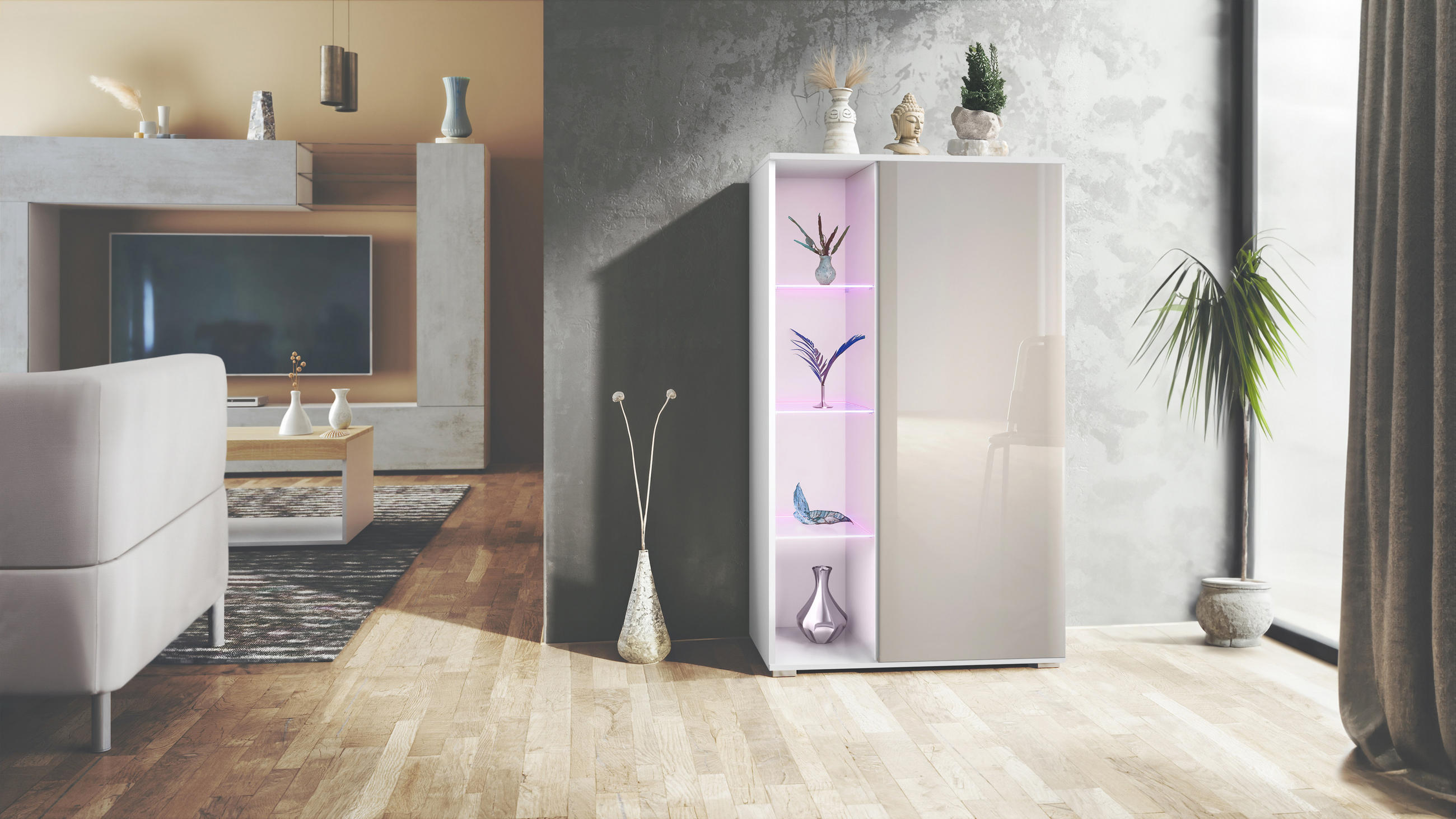 VITRINE Davos Sandgrau Hochglanz - Sandfarben, Holzwerkstoff (71.5/134/35cm) - Vladon