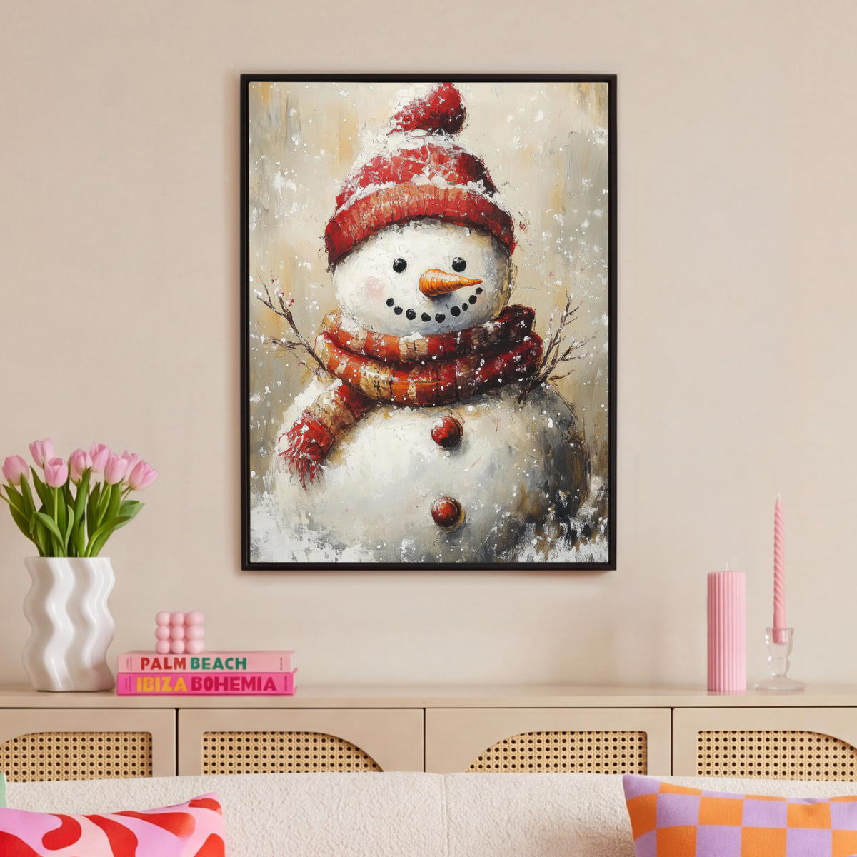 LEINWAND Bilder mit Rahmen - Schneemann - Winter - Schnee - Beige - 70x100 - Weiß, Textil (70/100cm) - MuchoWow