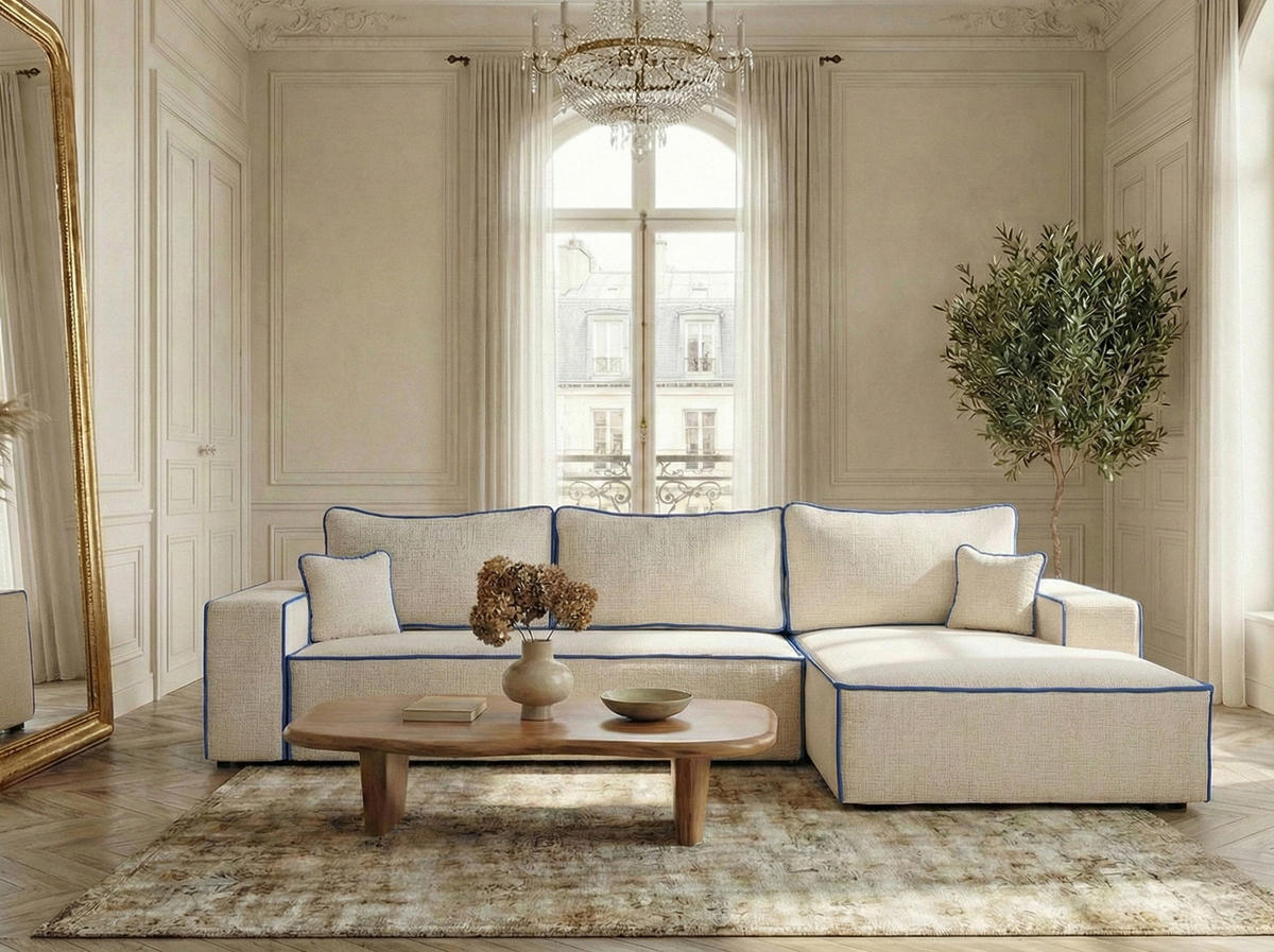 ECKSOFA MIT SCHLAFFUNKTION Modo Beige grau Chenille-Stoff - Rechts Seite - Creme/Schwarz, Holz/Holzwerkstoff (294/185cm) - Maison de Reve