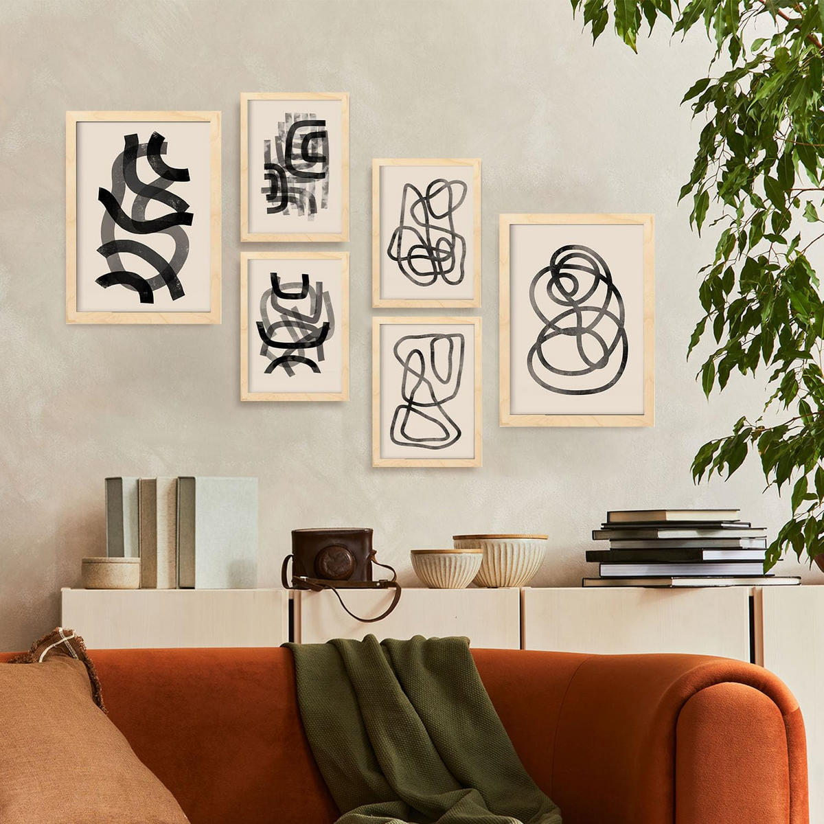 POSTER Set Mit 6 Zusammenfassungen In Form Ästhetische Dekorative Gemälde Für Ihr Wohnzimmer, Schlafzimmer Oder Zuhause A3 & A4 Rahmen Aus Hellem Holz - Beige, Papier (29/3cm) - Nacnic