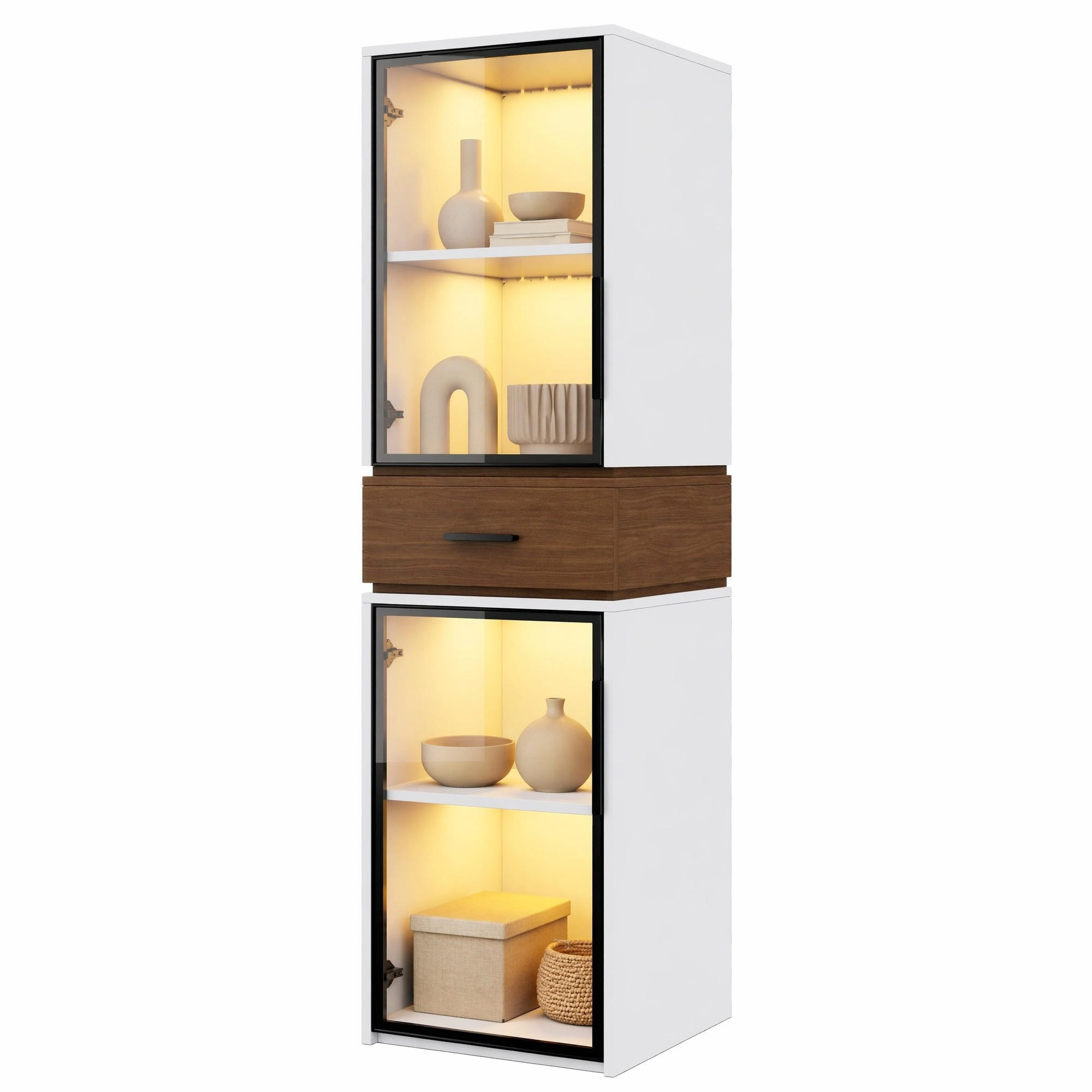 VITRINE in Weiß Highboard mit LED und Schublade für Wohnzimmer, Arbeitszimmer und Essbereiche, B40/T40/H200 cm - Weiß, Glas/Holzwerkstoff (40/200/40cm) - STILVORA
