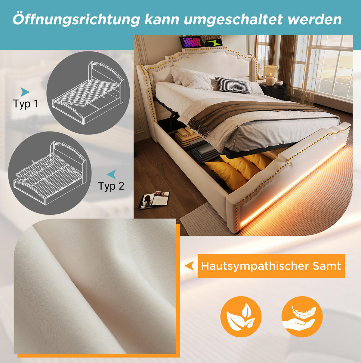 ČALÚNENÁ posteľ 140/200 cm s LED osvetlením, USB a Type-C portami, hydraulickým úložným priestorom z velúru, Béžová - béžová, textil (140/200cm) - Redom